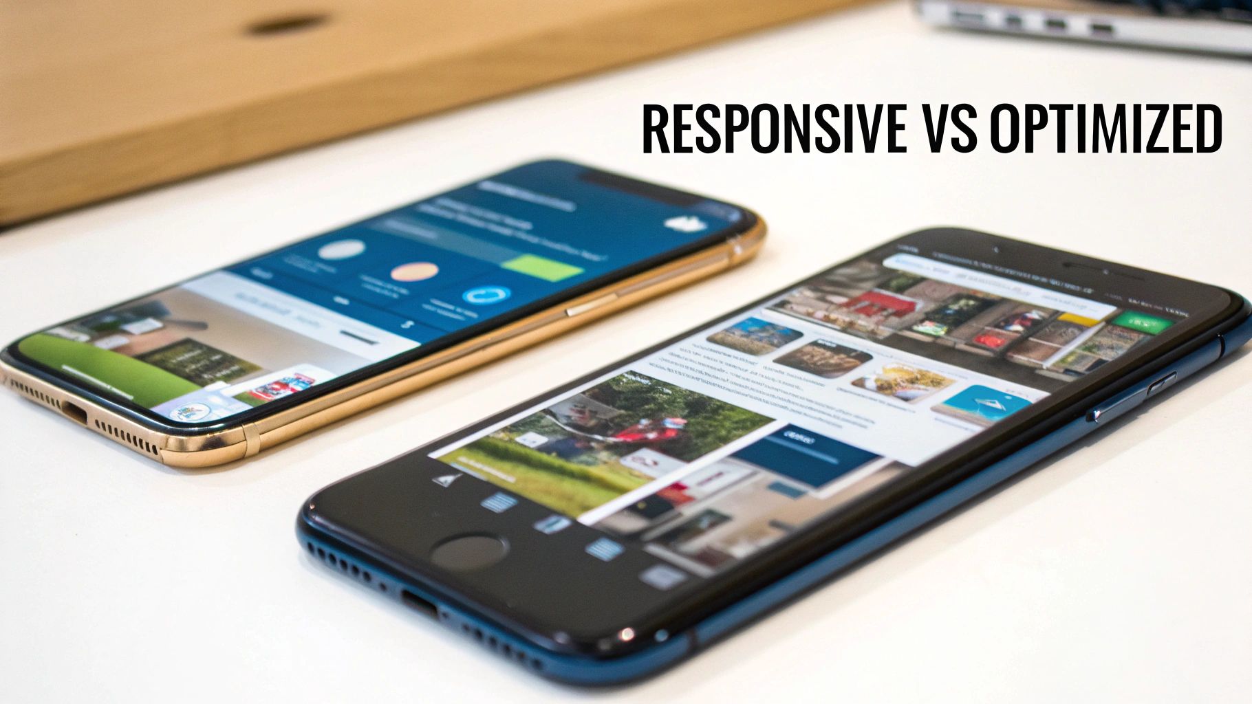 Two smartphones on a table showcasing responsive versus optimized website designs for mobile experience.
