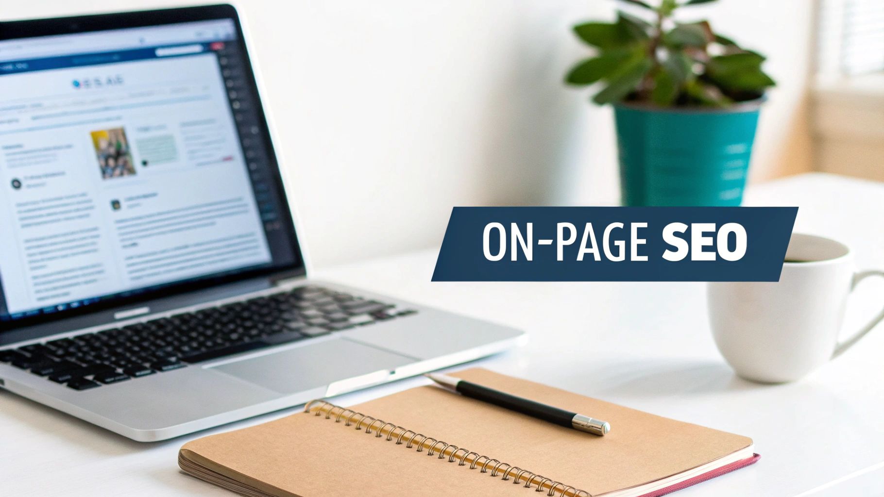 A desk setup with a laptop showing a webpage, notebook, pen, coffee, and a plant, with 'ON-PAGE SEO' text.