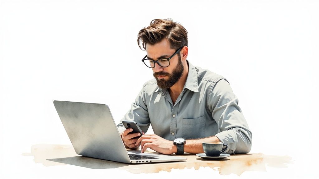 A focused man with a beard and glasses works on his laptop and smartphone.