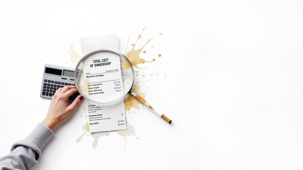 A person using a magnifying glass to inspect a complex financial chart on a screen, representing the analysis of cloud pricing and hidden costs.