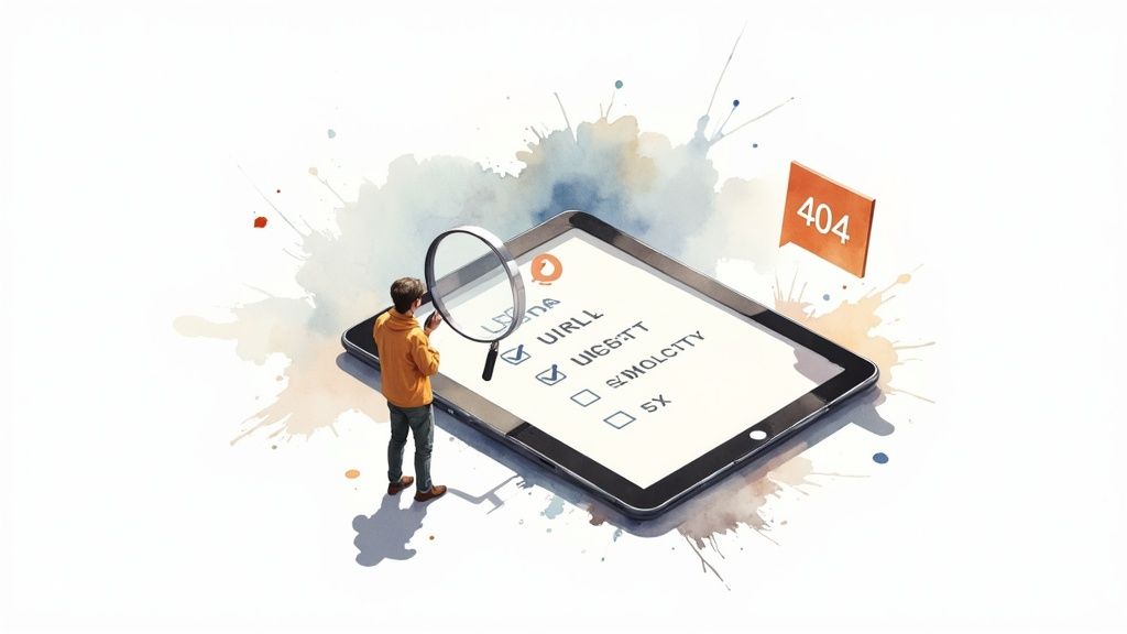 A person using a magnifying glass to check a website checklist on a tablet, with a 404 error.