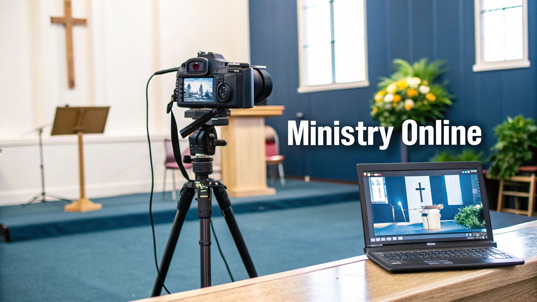 A camera on a tripod records a church service, with a laptop displaying the online ministry.