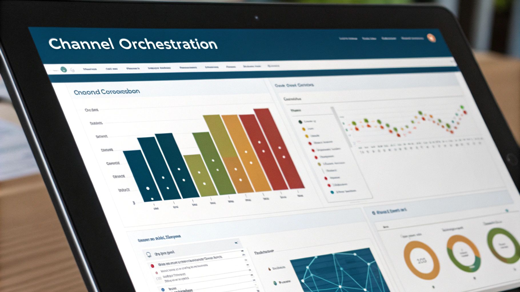 Diagram showing interconnected marketing channels like email, social, SMS, and web, all orchestrated by a central marketing automation platform.