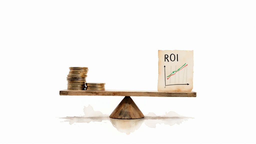 Website SEO Audit Services That Actually Make Sense 2 A balance scale with stacked coins on one side and a paper showing 'ROI' with an upward trend graph on the other.