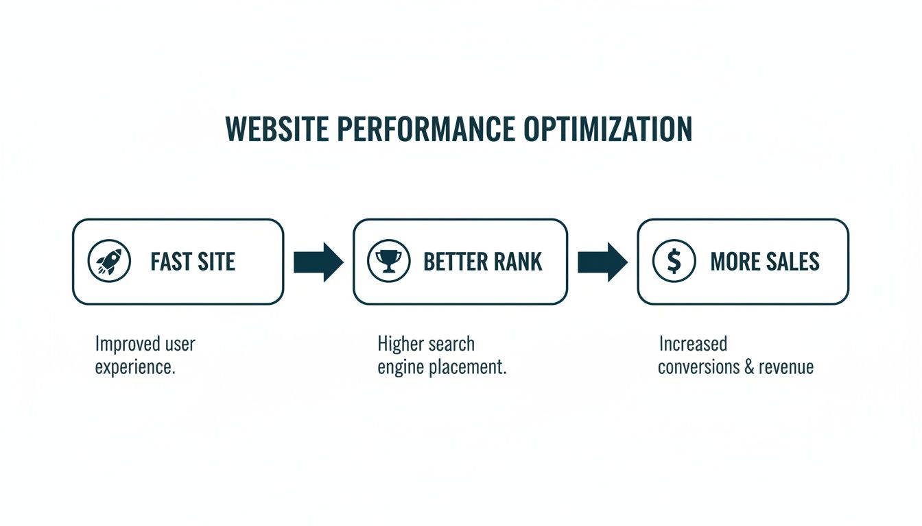 Flowchart showing website performance optimization: Fast site improves user experience, leading to better rank and more sales.