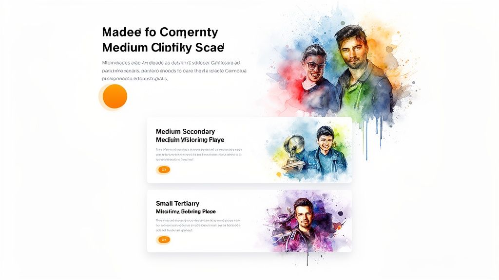 Modern webpage design showcasing vibrant watercolor illustrations of people and textual content.