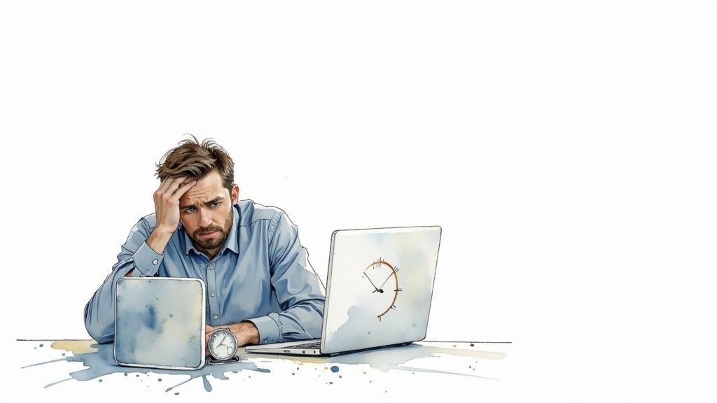 A frustrated man looking at a slow-loading computer screen, representing the pain of a slow website.