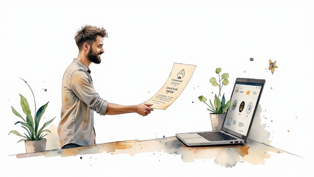 Website SEO Audit Services That Actually Make Sense 3 A smiling man holds a document while looking at a laptop displaying a website, surrounded by plants.