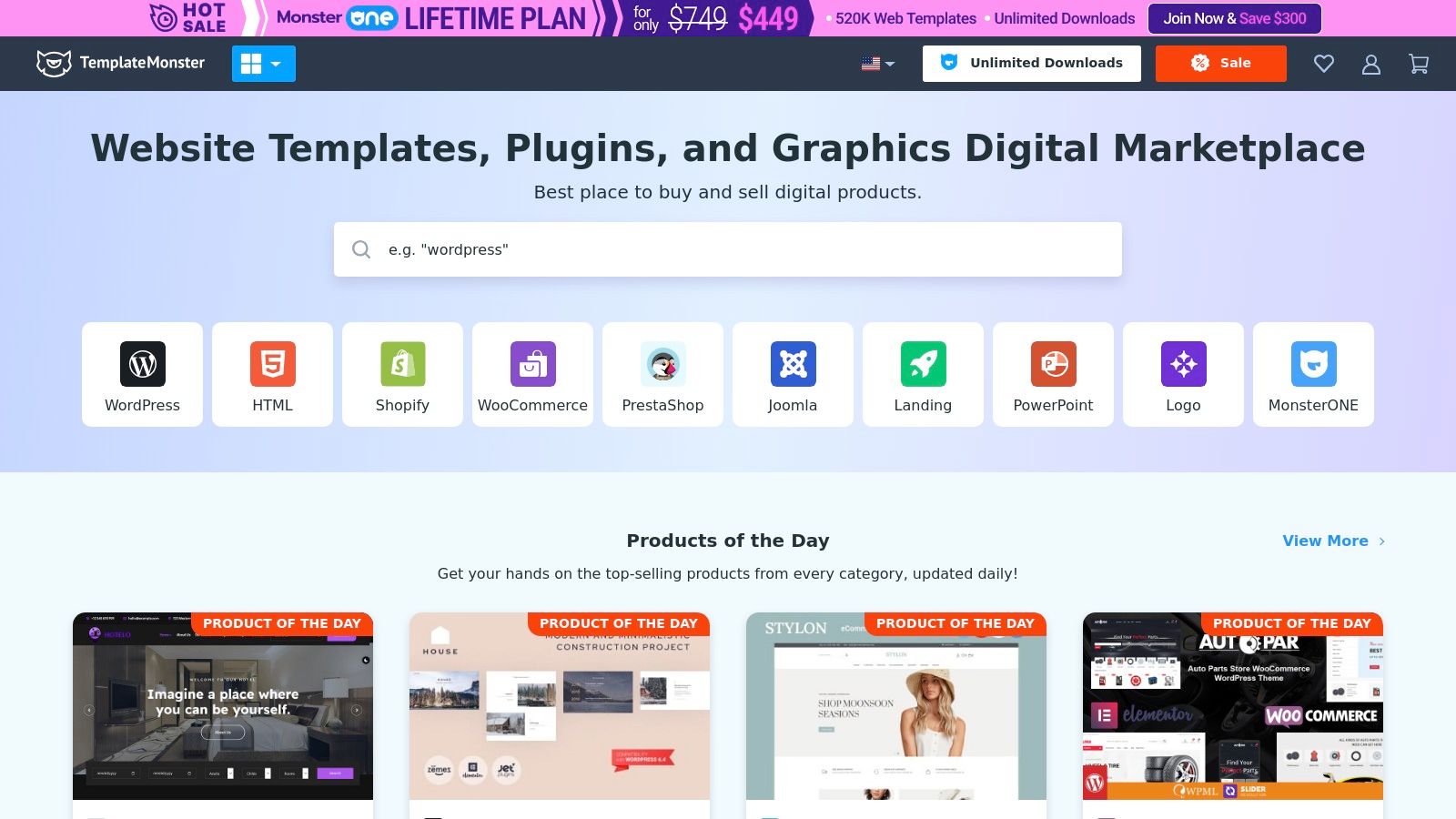 7 Responsive Website Examples to Inspire Your 2025 Design 6 TemplateMonster homepage showcasing its vast selection of website templates and themes.