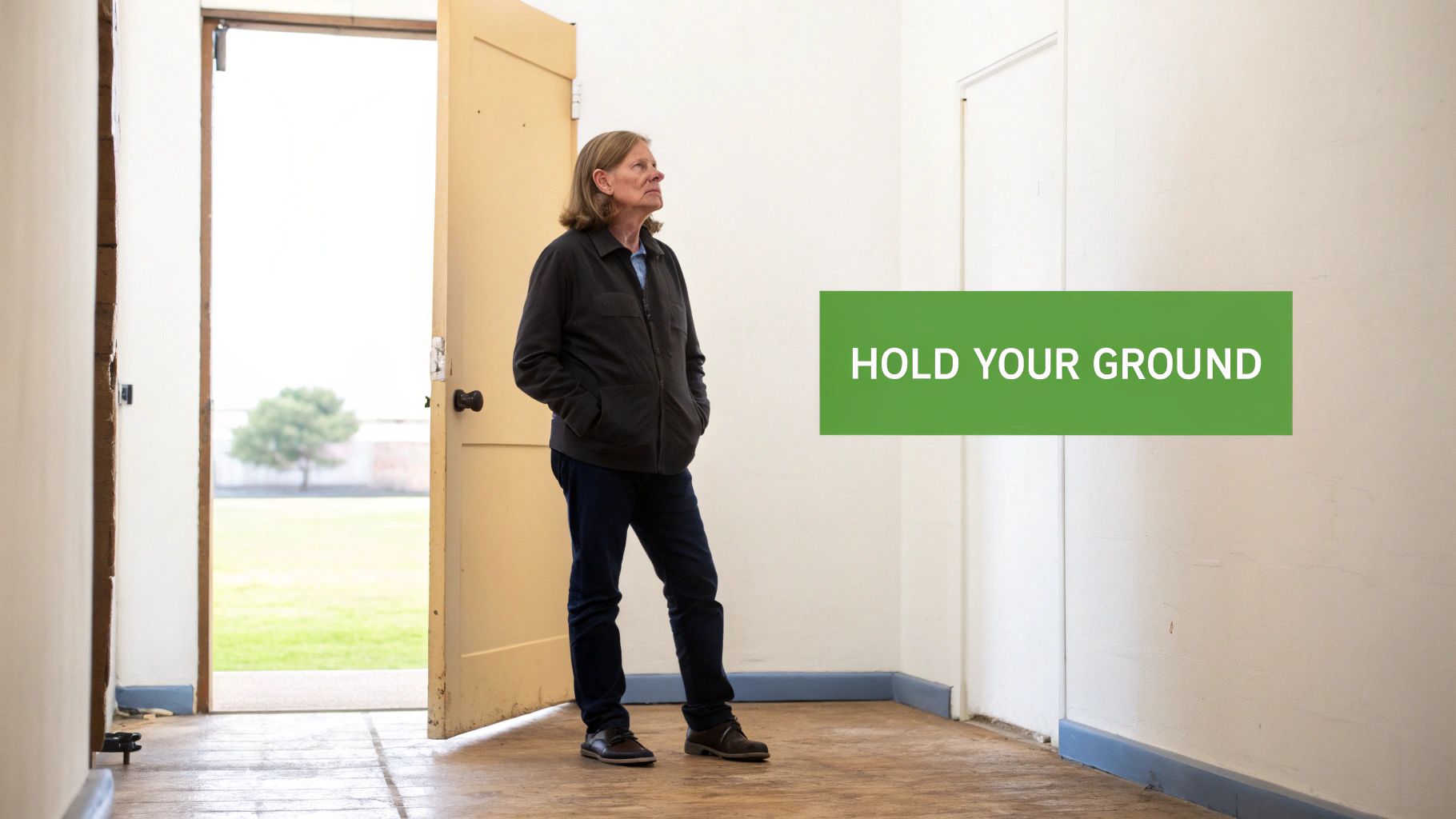 An older woman stands in a bright room with an open door, looking upward, next to a 'HOLD YOUR GROUND' sign.