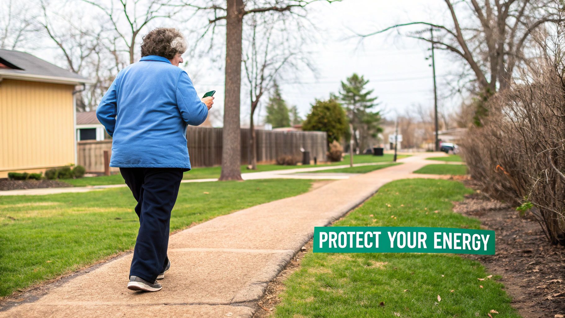An elderly person with gray hair walks on a sidewalk, looking at a green phone in their hand.