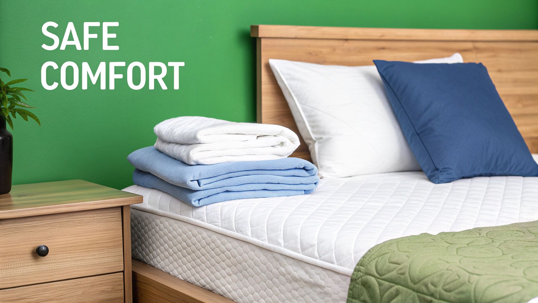 A cozy bedroom with a white mattress, pillows, folded blue and white linens, and a nightstand.