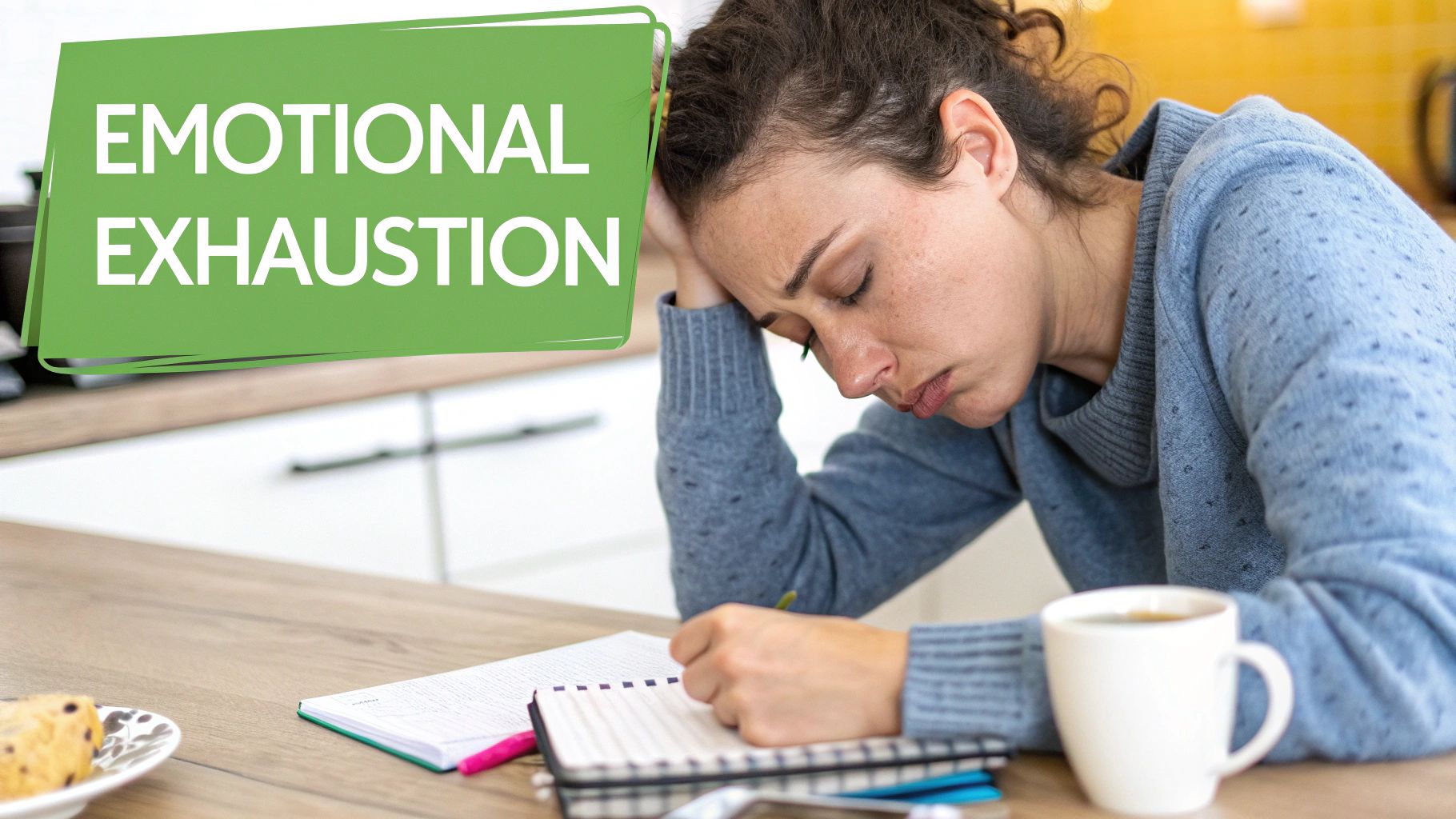 A visibly exhausted woman resting her head on her hand while writing, conveying emotional exhaustion.