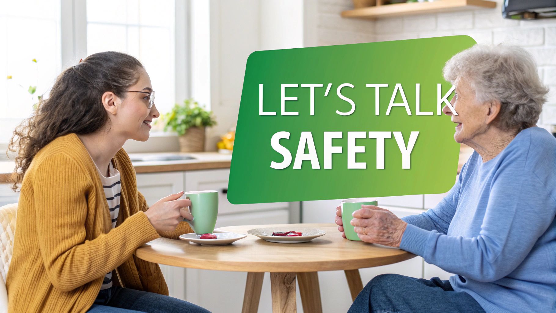 Two women, one elderly, one younger, discussing safety at a kitchen table, holding mugs and smiling.