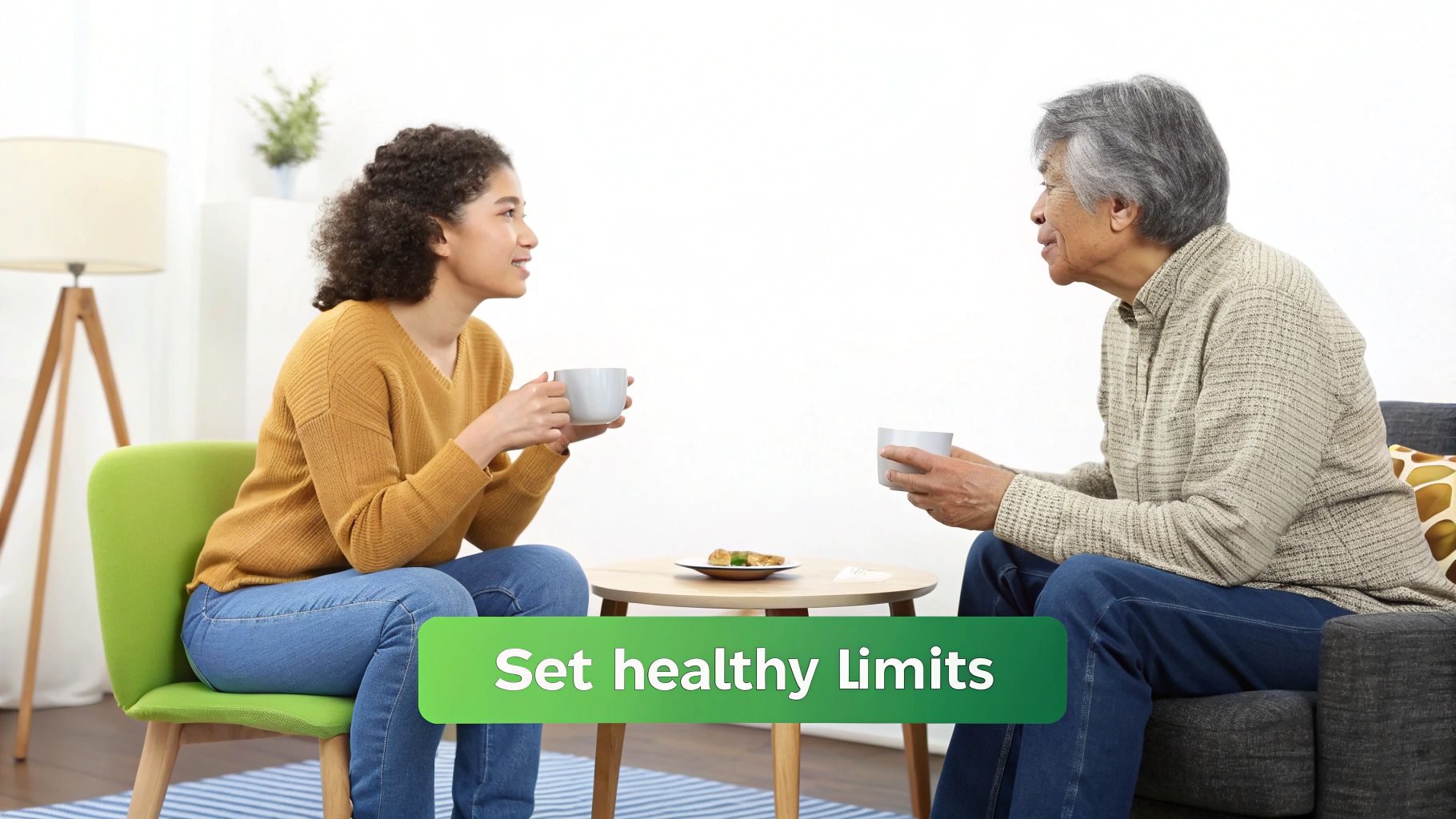 A young woman and an older man sitting and talking, both holding mugs, with text 'Set healthy limits'.