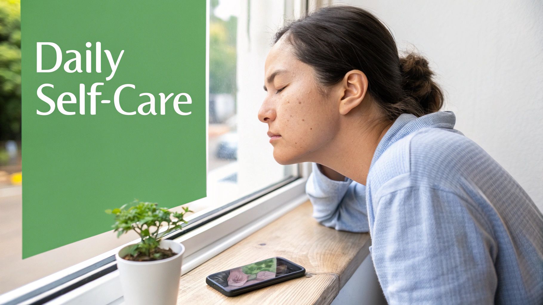 A thoughtful woman with closed eyes leaning on a windowsill, next to a "Daily Self-Care" sign.