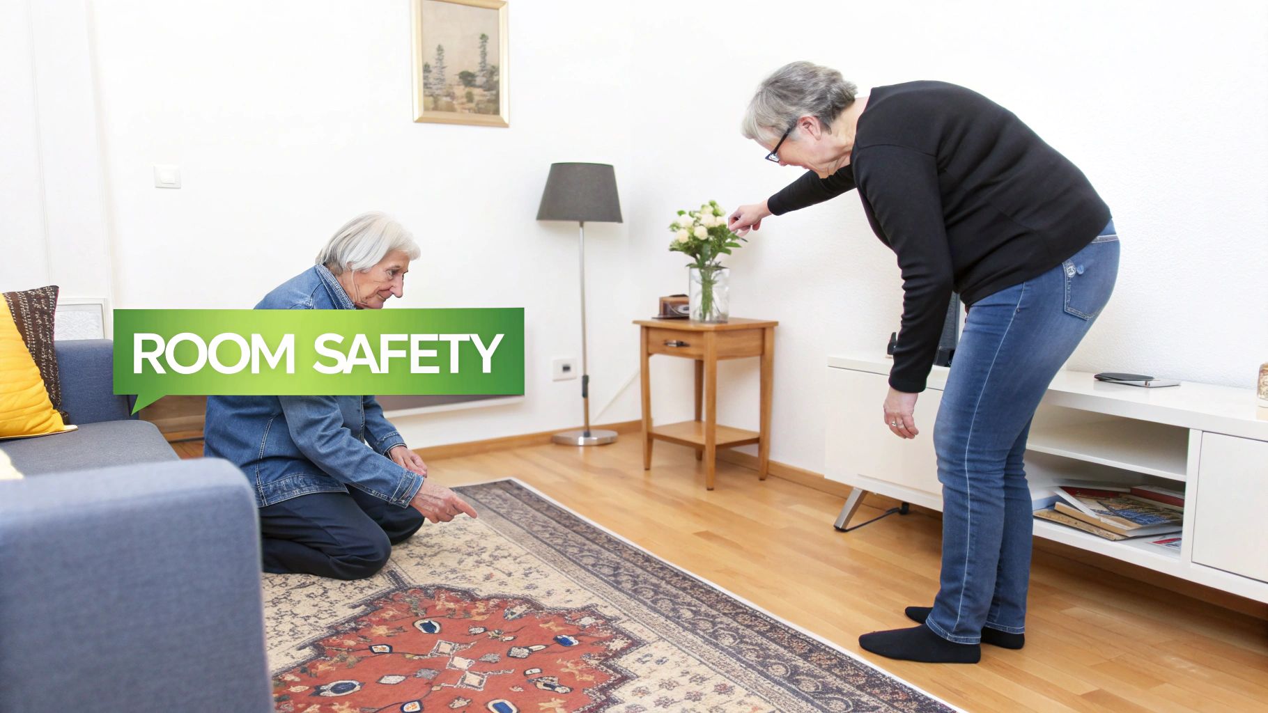 Two elderly women inspecting a rug for potential hazards, emphasizing room safety for seniors.