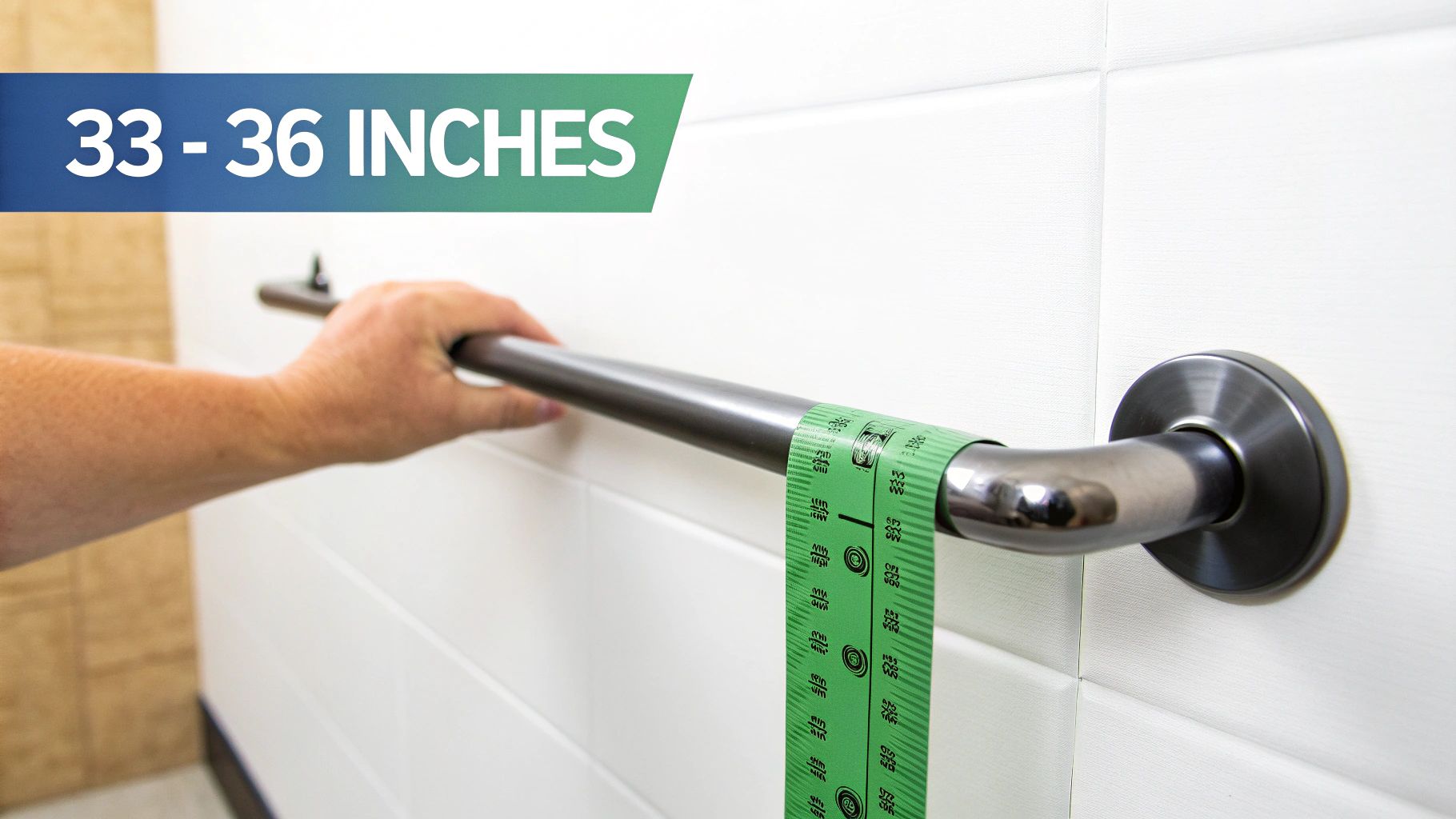 A hand measures a shower grab bar with a tape measure, showing a recommended height of 33-36 inches.