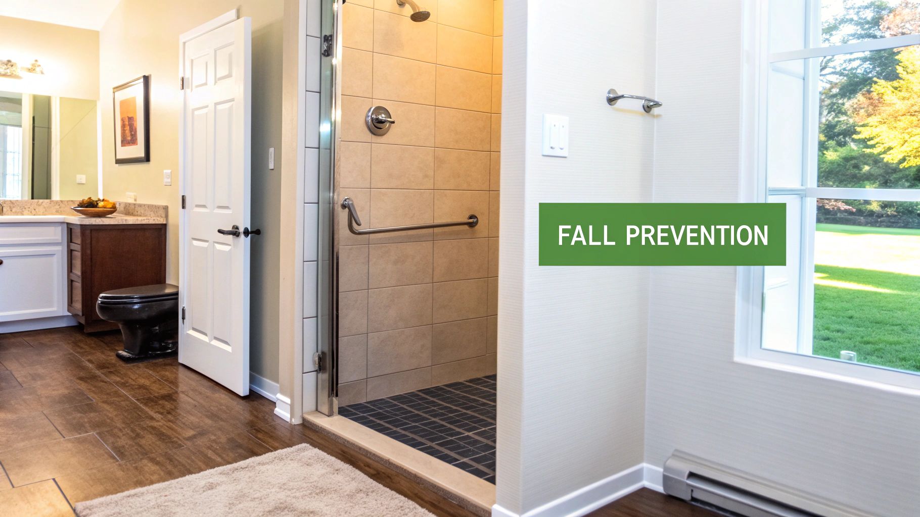 A clean, accessible bathroom with grab bars in the shower and a rug on the floor for fall prevention.