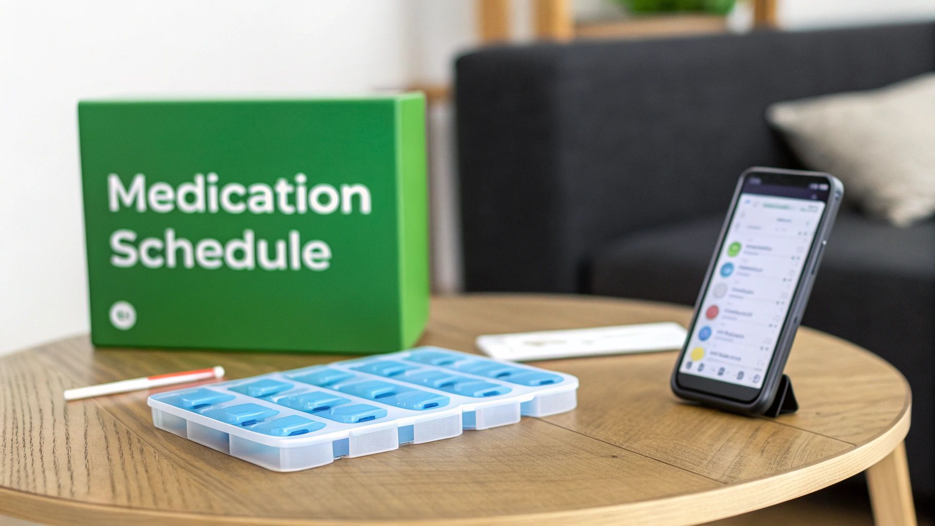 A green 'Medication Schedule' box, a pill organizer, and a smartphone on a wooden table.