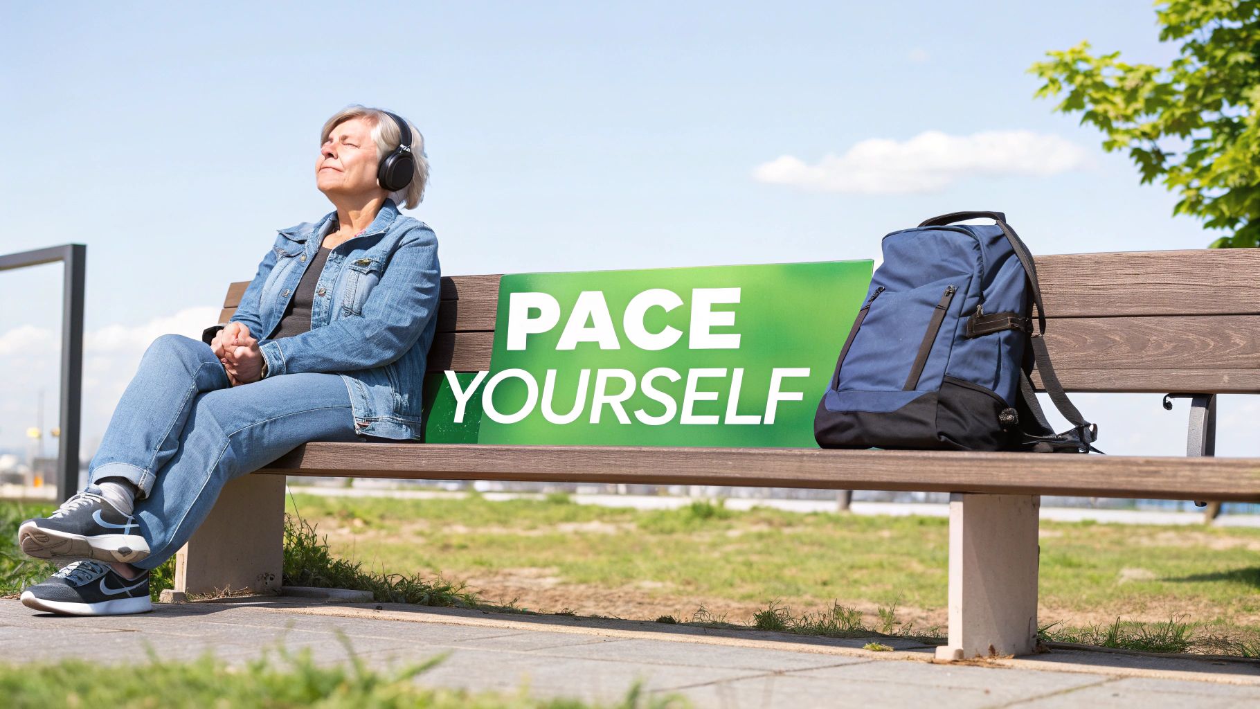 An elderly woman with closed eyes and headphones relaxes on a bench with a 'PACE YOURSELF' sign.