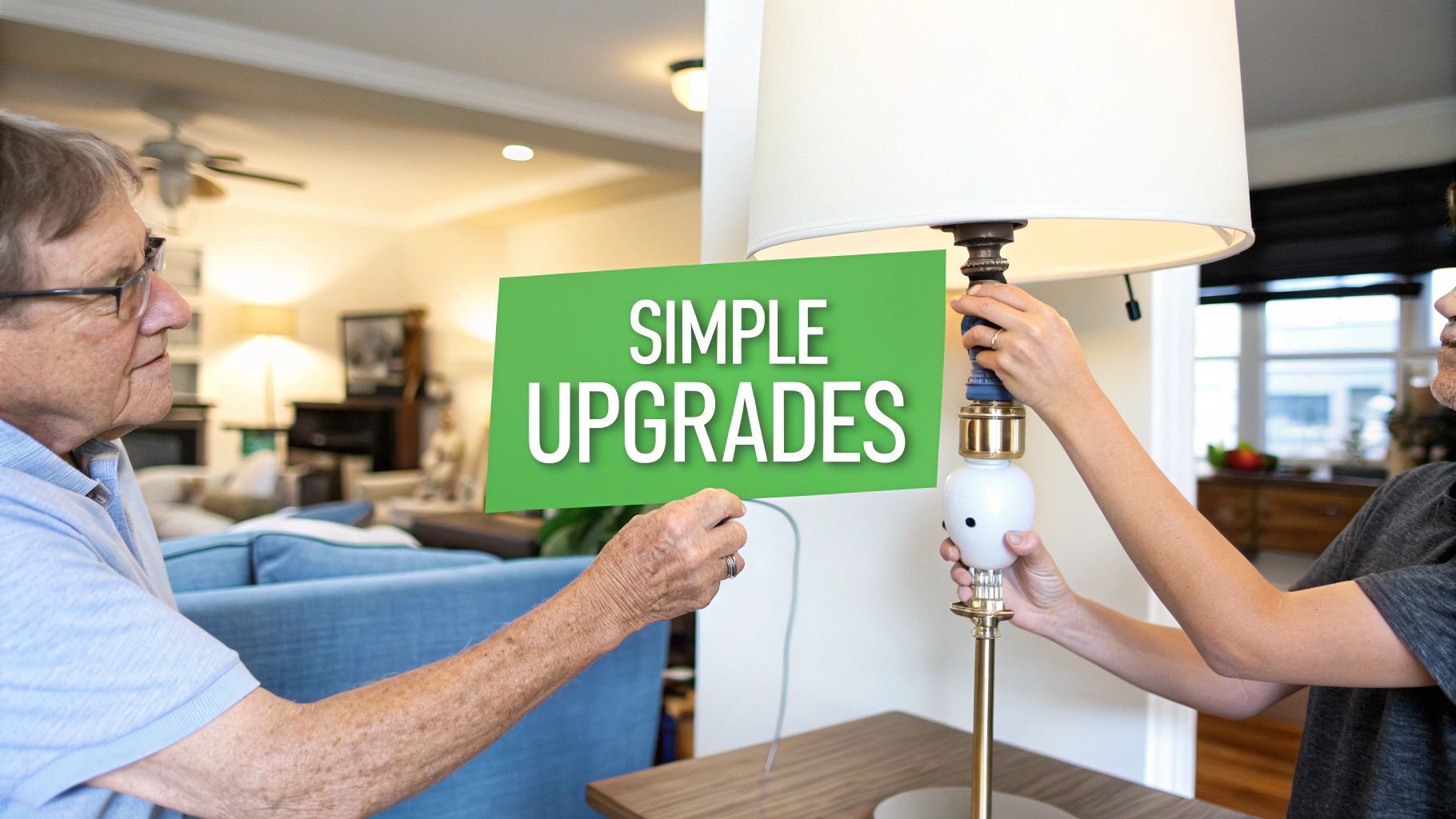 An older man and a younger person are making simple upgrades to a lamp in a home.
