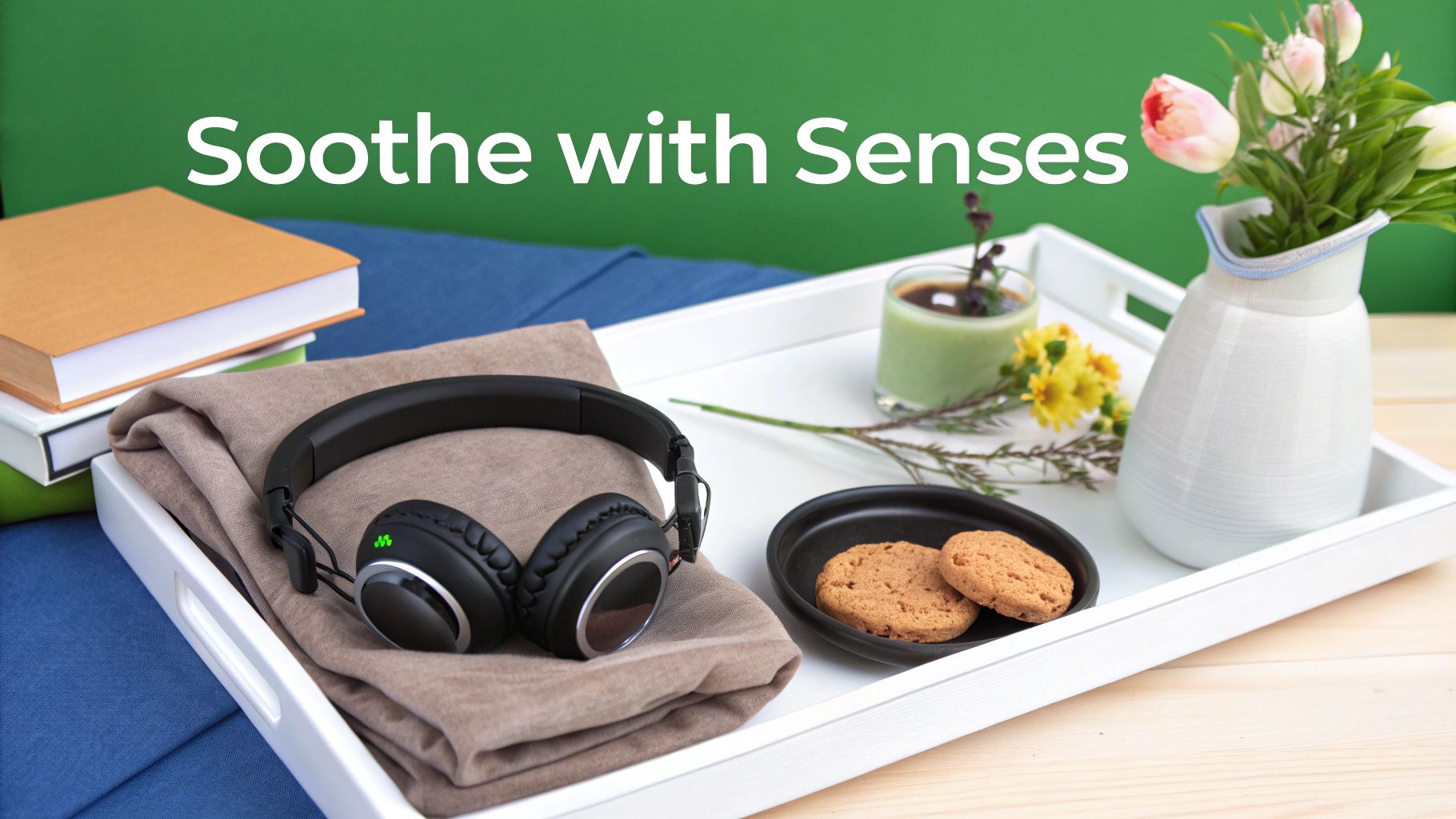 A white tray holds headphones, books, cookies, a drink, and flowers, with 'Soothe with Senses' text