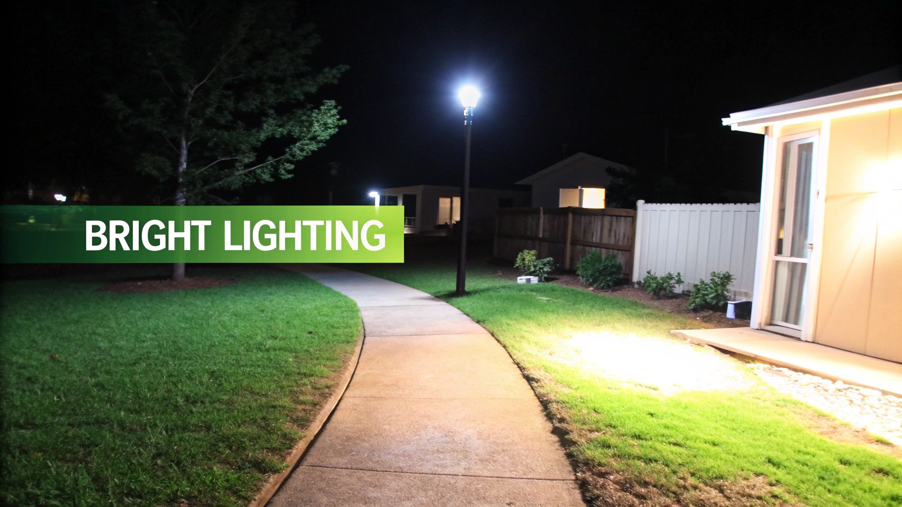 Bright lighting illuminates a sidewalk, green lawn, and residential area at night