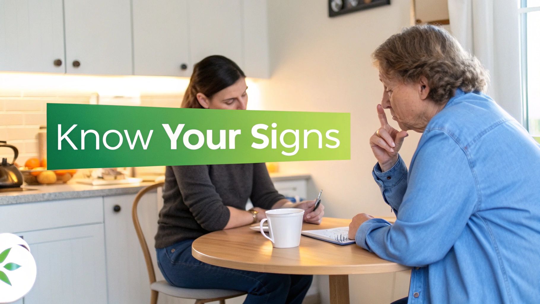 Two women, one older making a 'shhh' gesture, sit at a table with 'Know Your Signs' text.