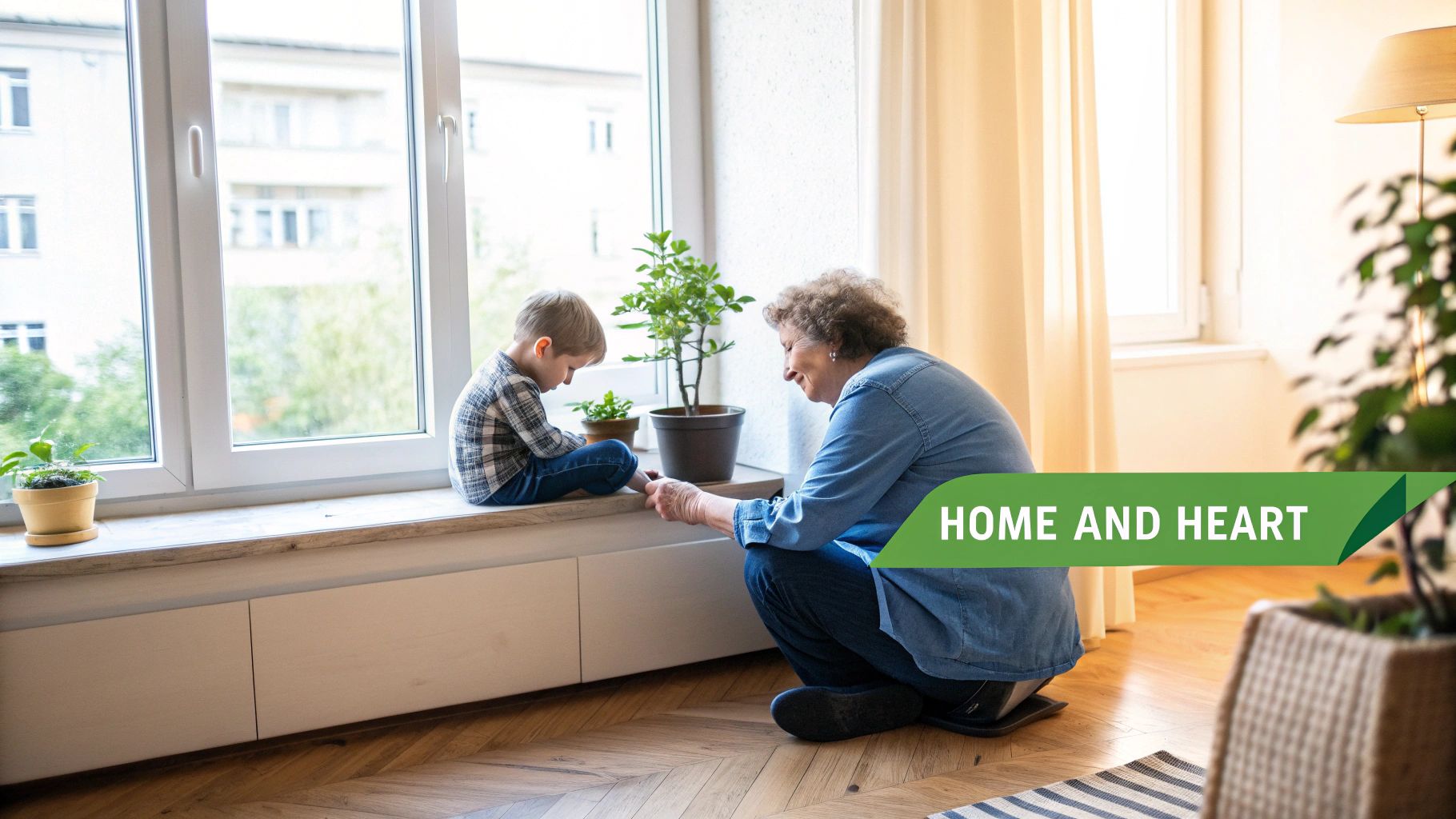 A grandmother kneels beside her grandson by a bright window, sharing a tender family moment at home.