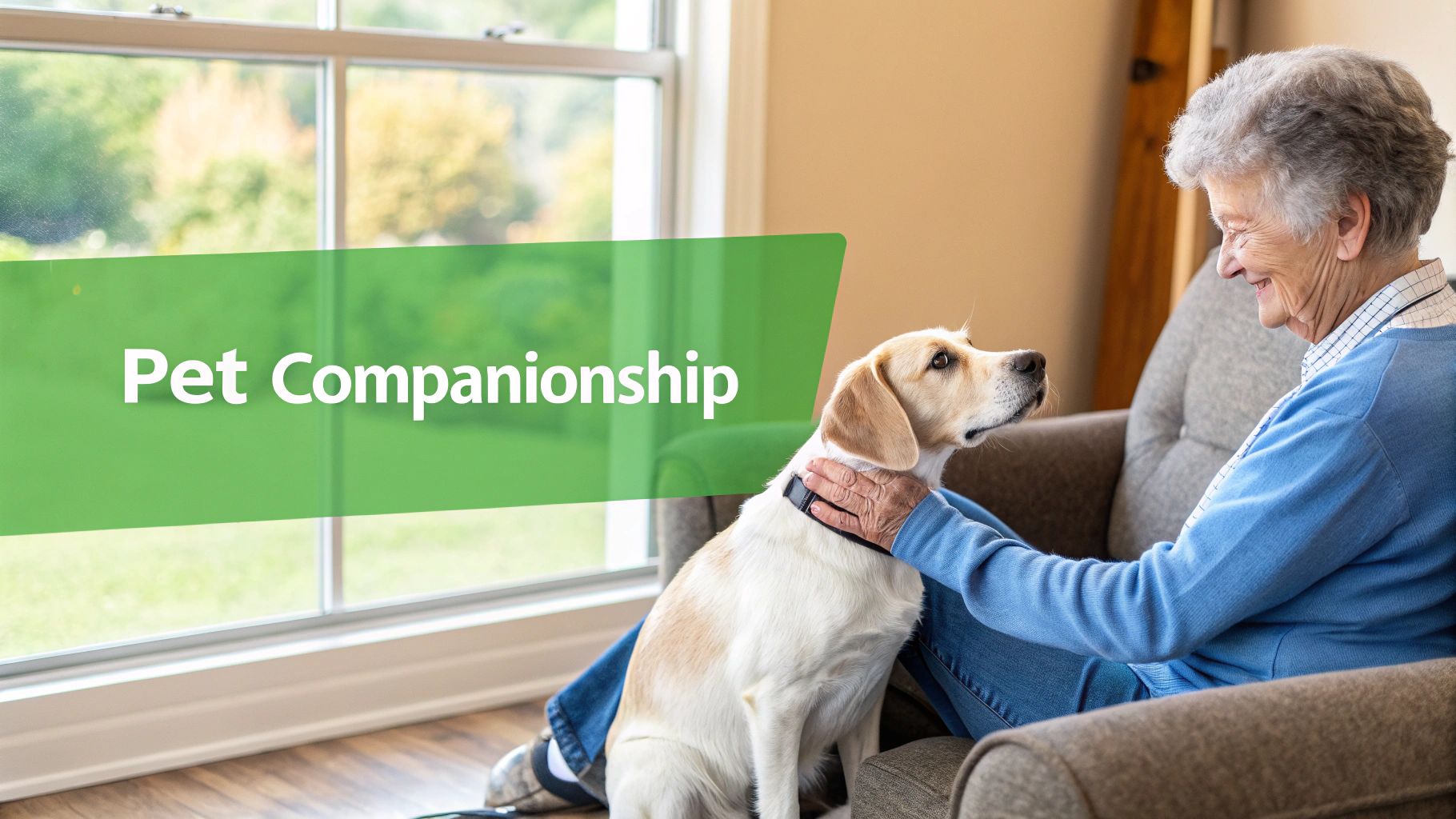 An elderly woman smiles while gently petting her dog, highlighting the benefits of pet companionship