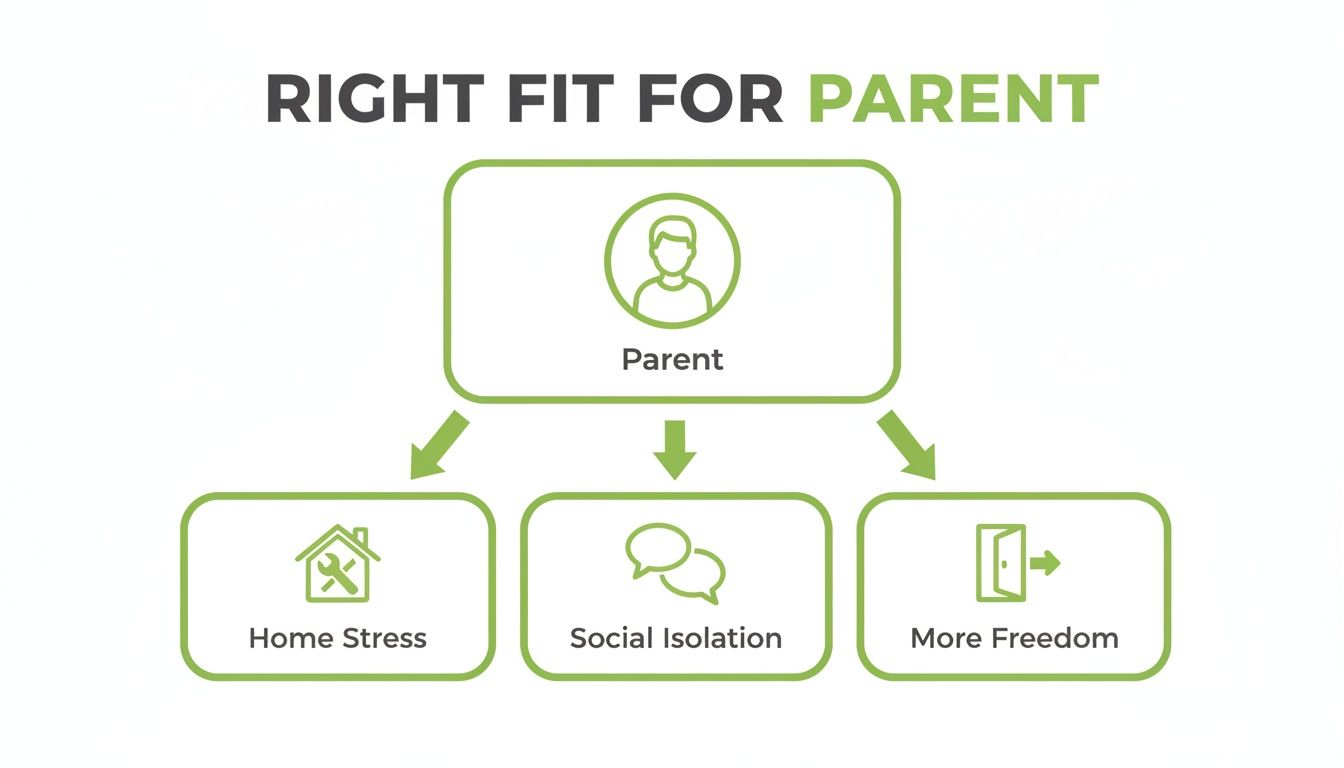 A diagram illustrating a parent's right fit leading to home stress, social isolation, or more freedom