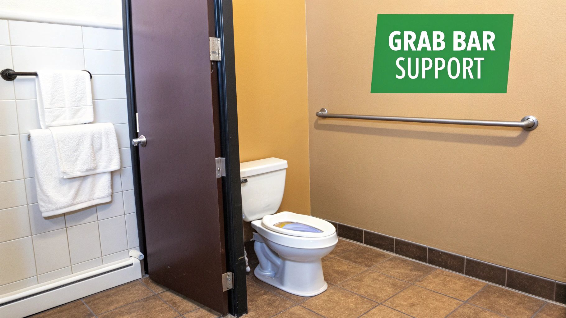 A bathroom featuring a toilet and a horizontal grab bar mounted on the wall for support
