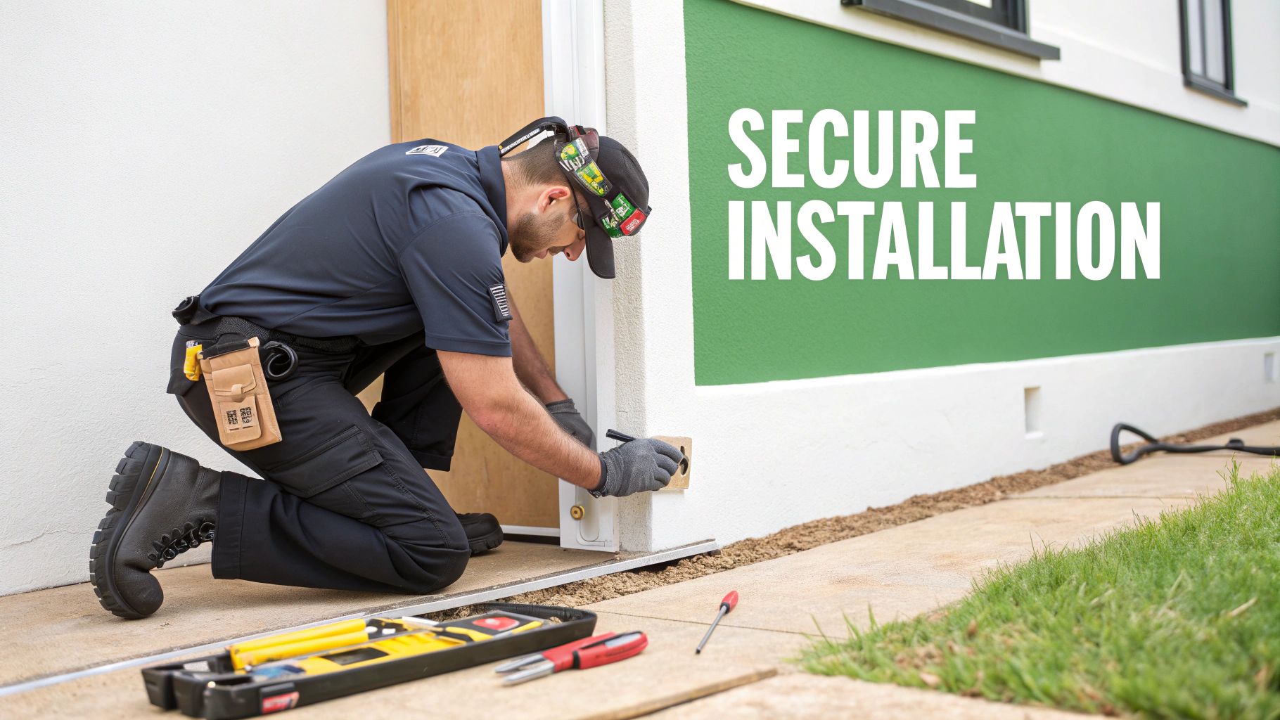 A worker in safety gear kneels, meticulously installing a secure fixture onto a building wall.