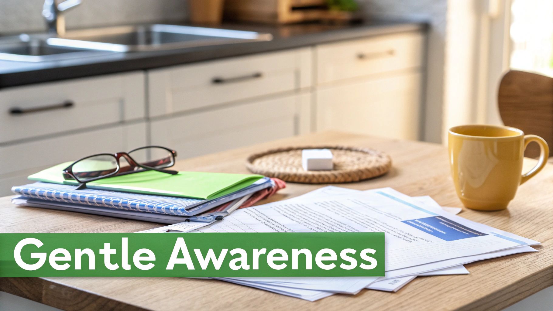 A table with notebooks, reading glasses, papers, and a yellow mug in a sunlit kitchen.