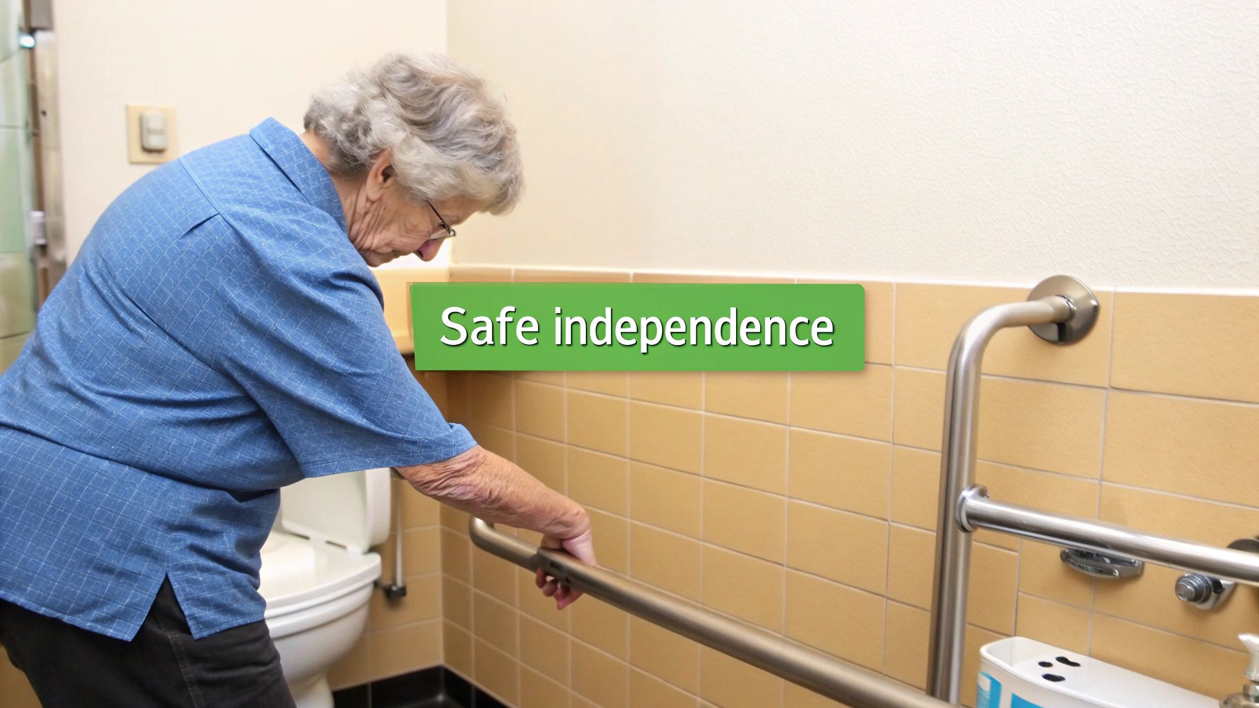 Elderly woman uses a grab bar next to a toilet for safe independence in a bathroom.