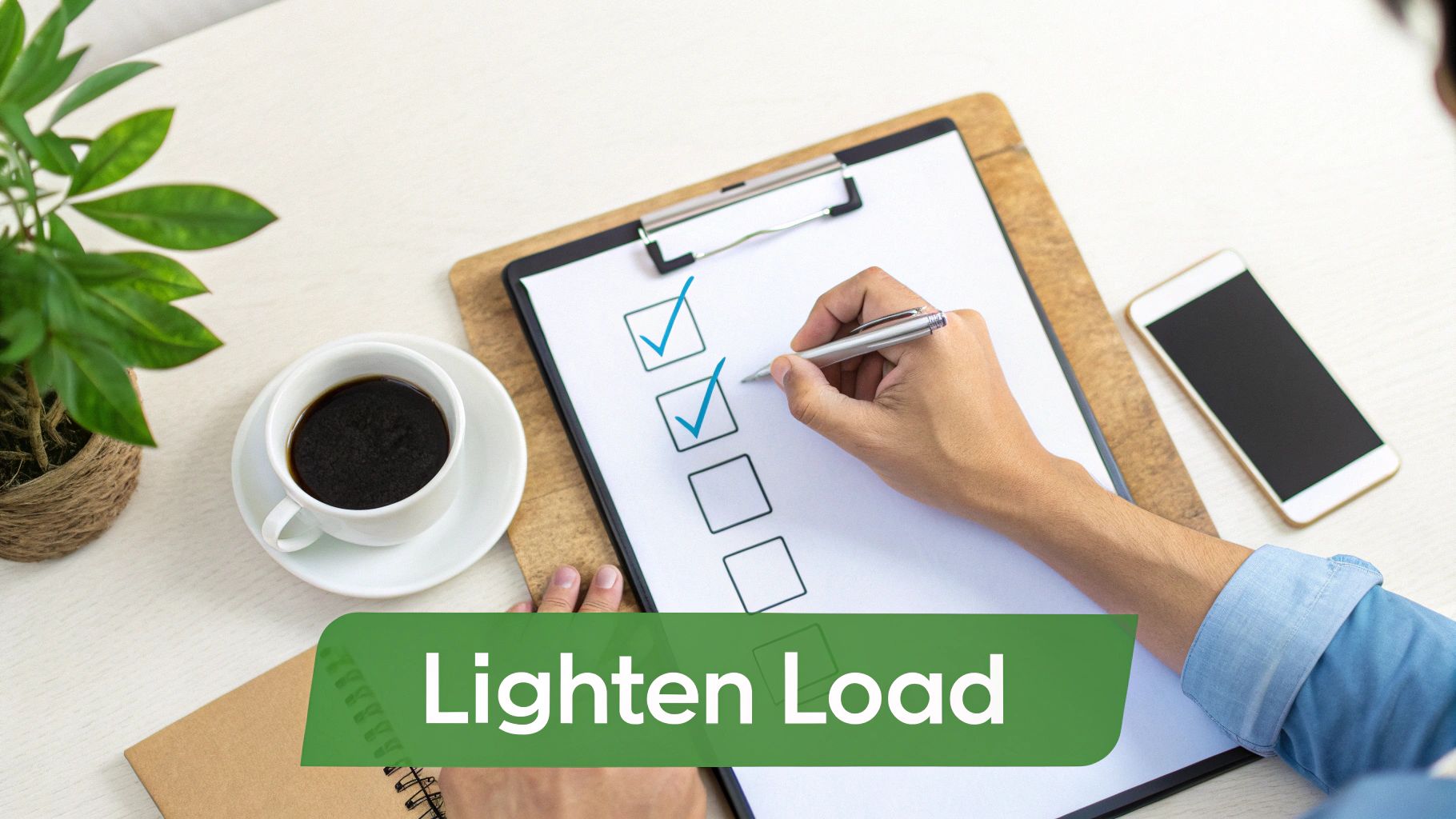 A person's hand checking off tasks on a clipboard with a pen, coffee, and phone.