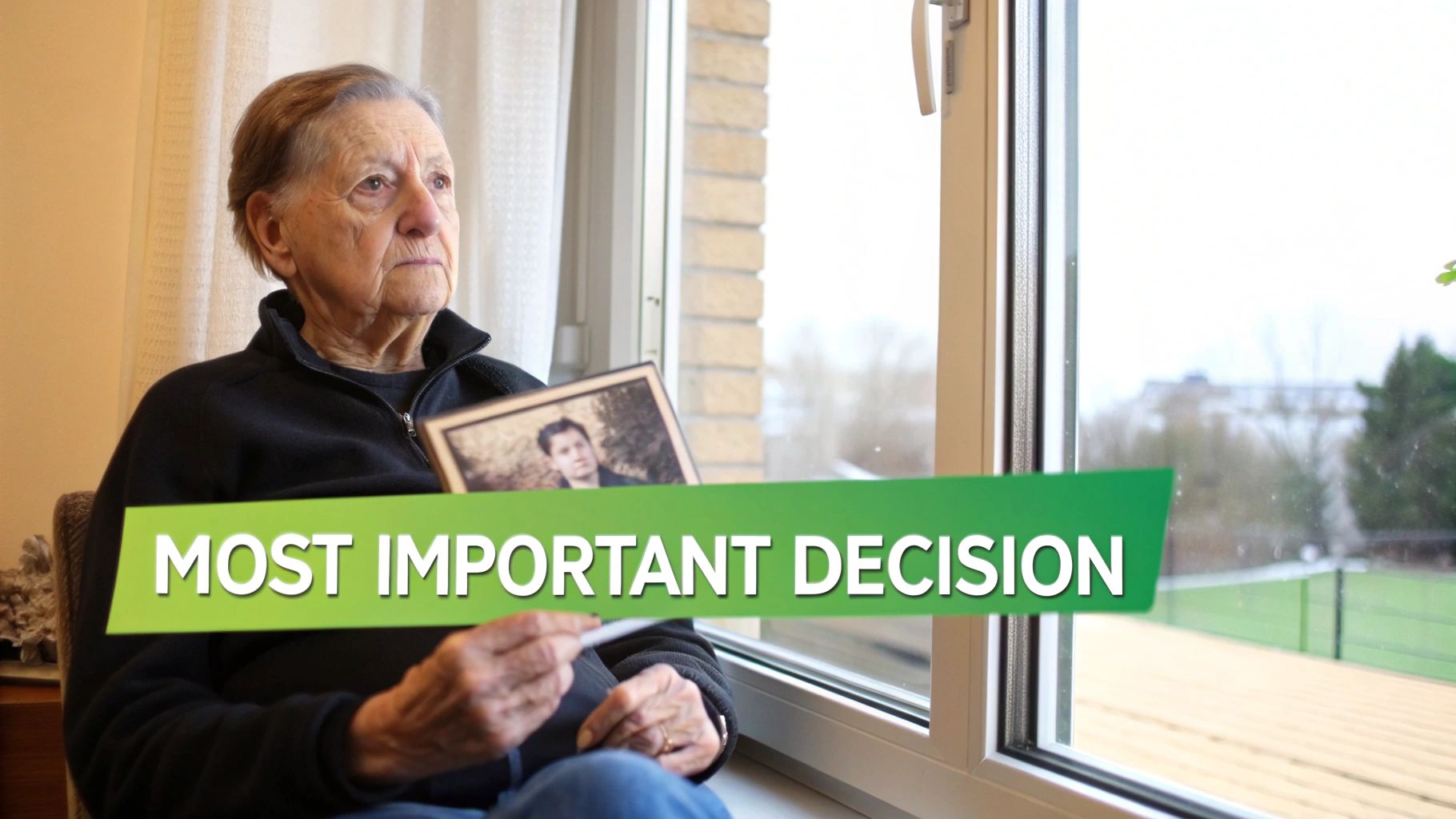 Elderly woman holding a framed photo of a younger person, looking reflectively out a window.