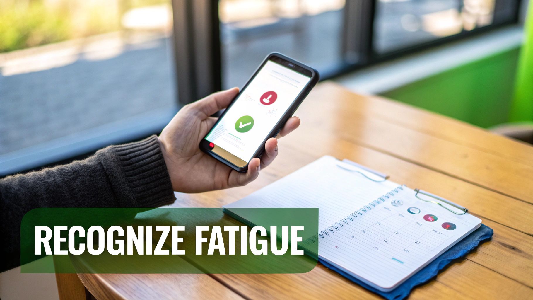 A person holds a smartphone displaying a health app with green checkmark and red alert icons, next to a notebook on a wooden table.