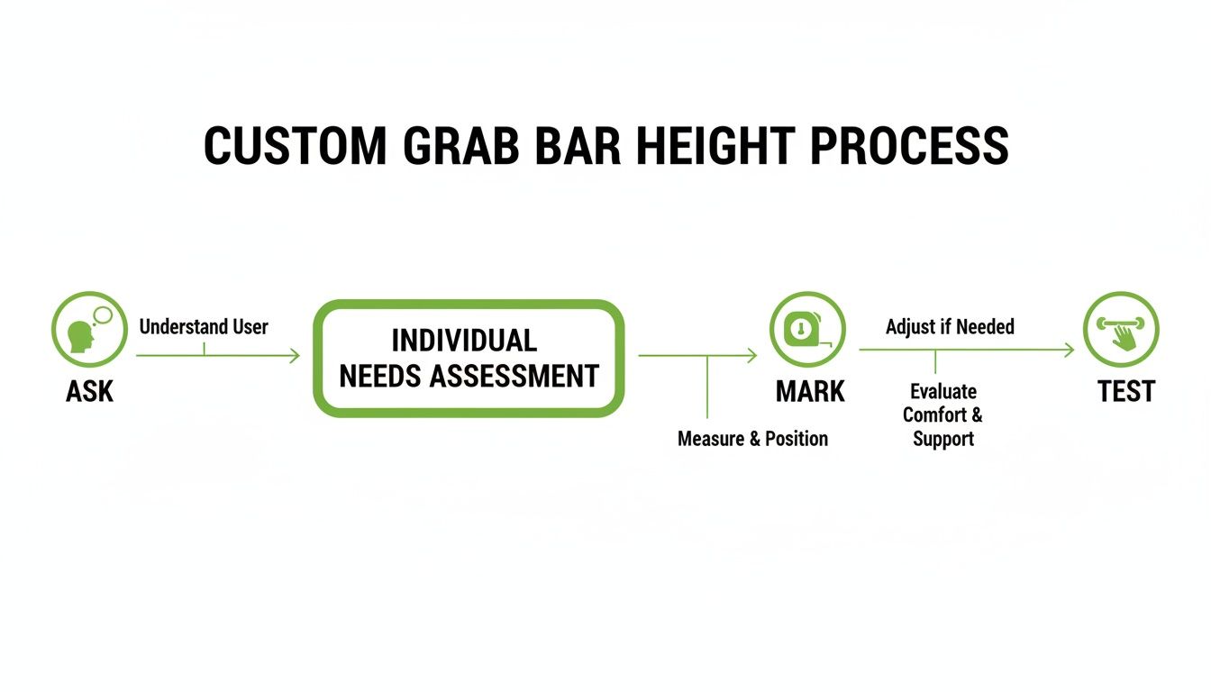 A flowchart showing the custom grab bar height process, from asking user needs to final testing.