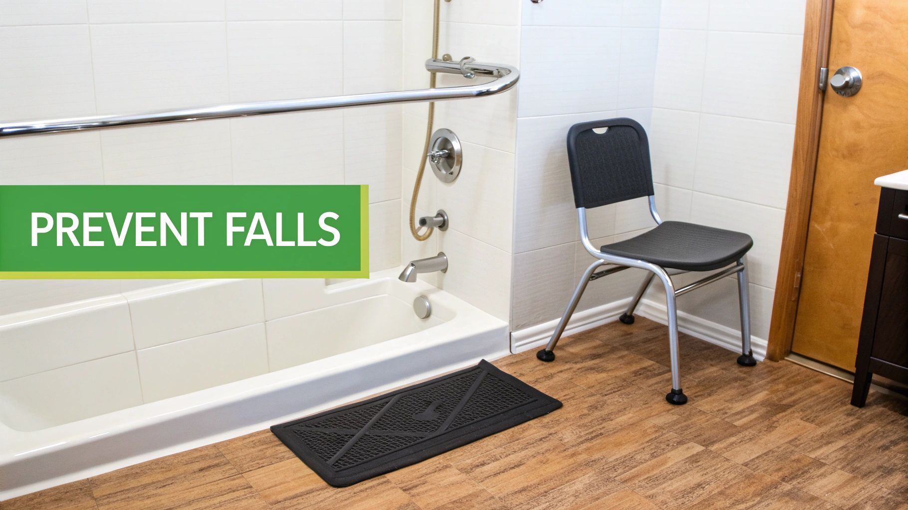 Bathroom with fall prevention aids: grab bars, shower chair, and bath mat by the tub.