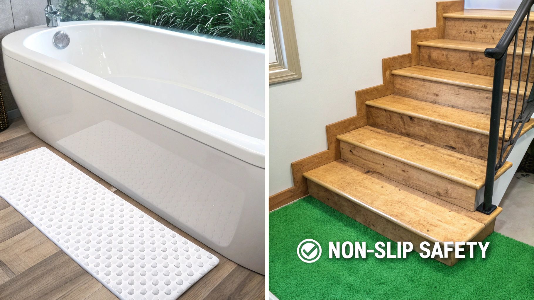 A bathtub with non-slip mats and wooden stairs with a non-slip green rug for safety