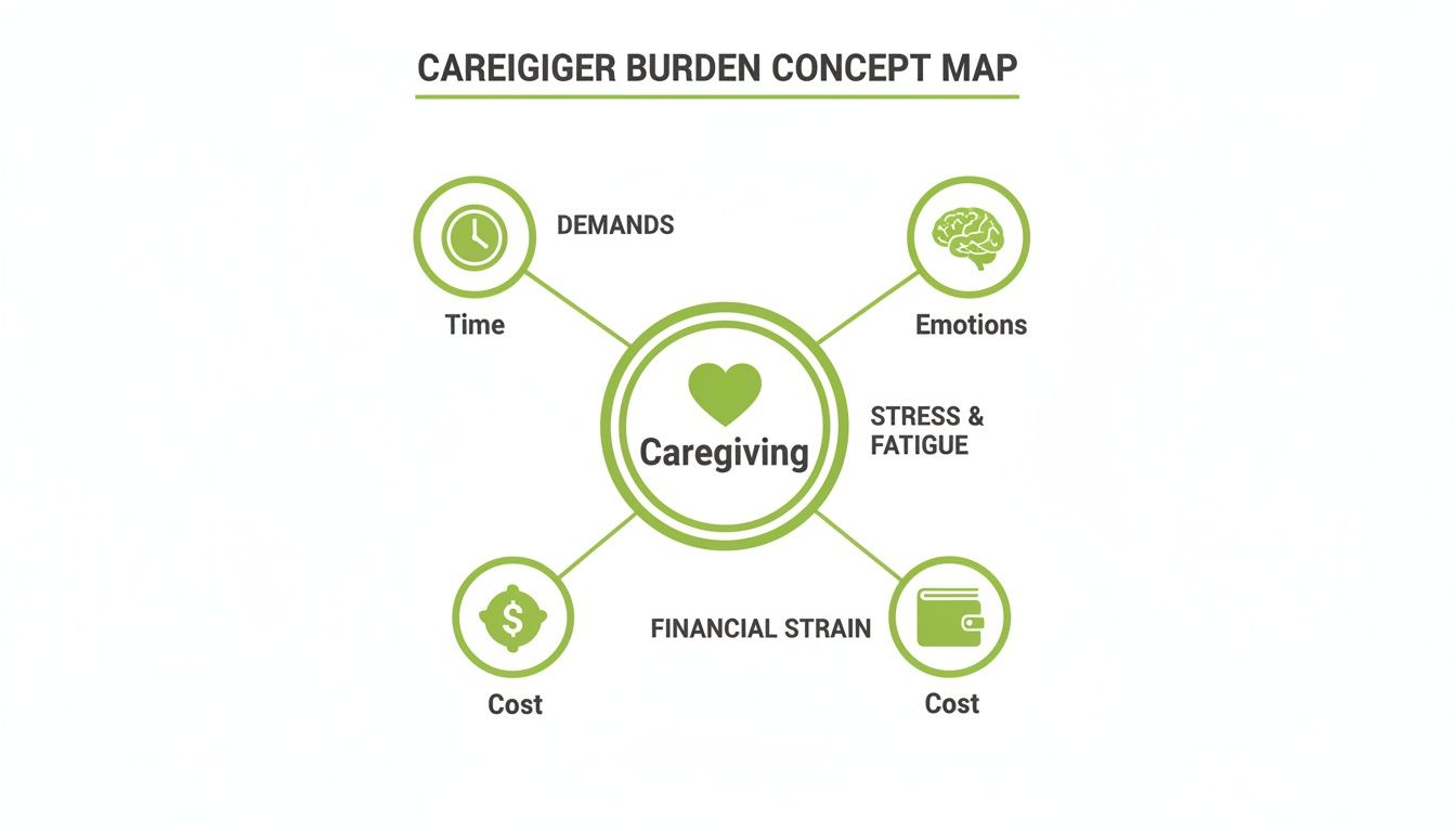 A green concept map illustrating caregiver burden, showing time demands, emotional stress, fatigue, and financial strain.
