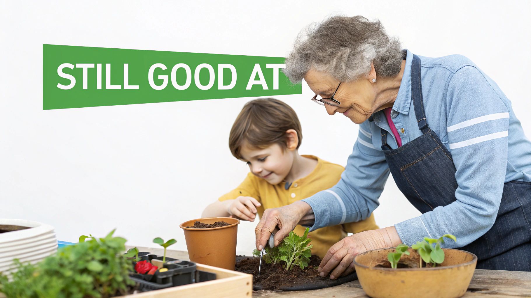 An elderly woman and a young boy plant seedlings together, fostering intergenerational connection and learning.