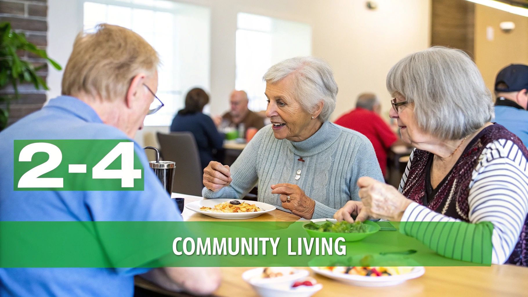 Elderly residents enjoy a meal and conversation at a community living facility, fostering social interaction