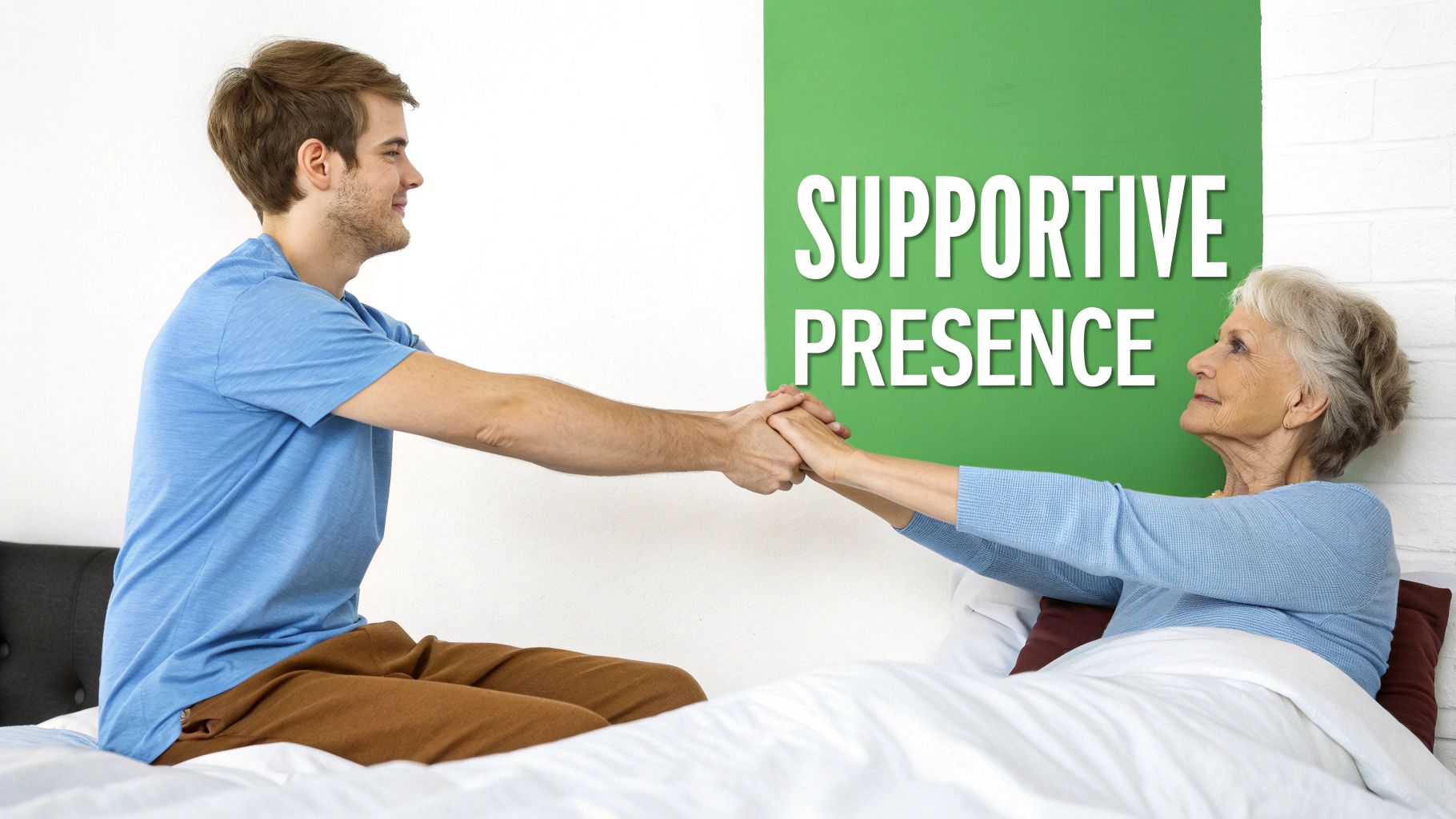 A young man and an elderly woman hold hands in bed, symbolizing supportive presence.