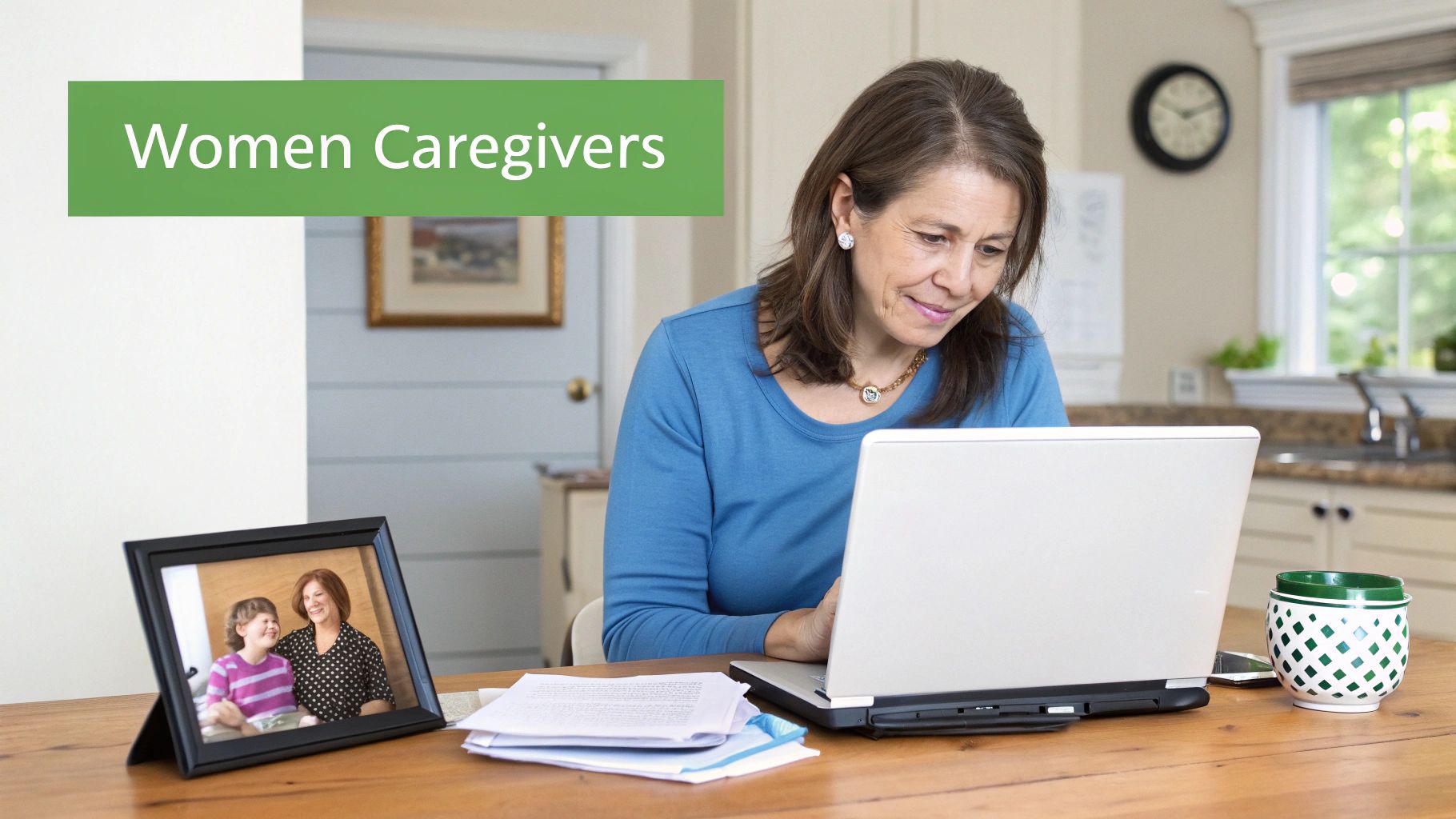 A woman uses a laptop at a table with a photo of a child and woman, and a 'Women Caregivers' banner.