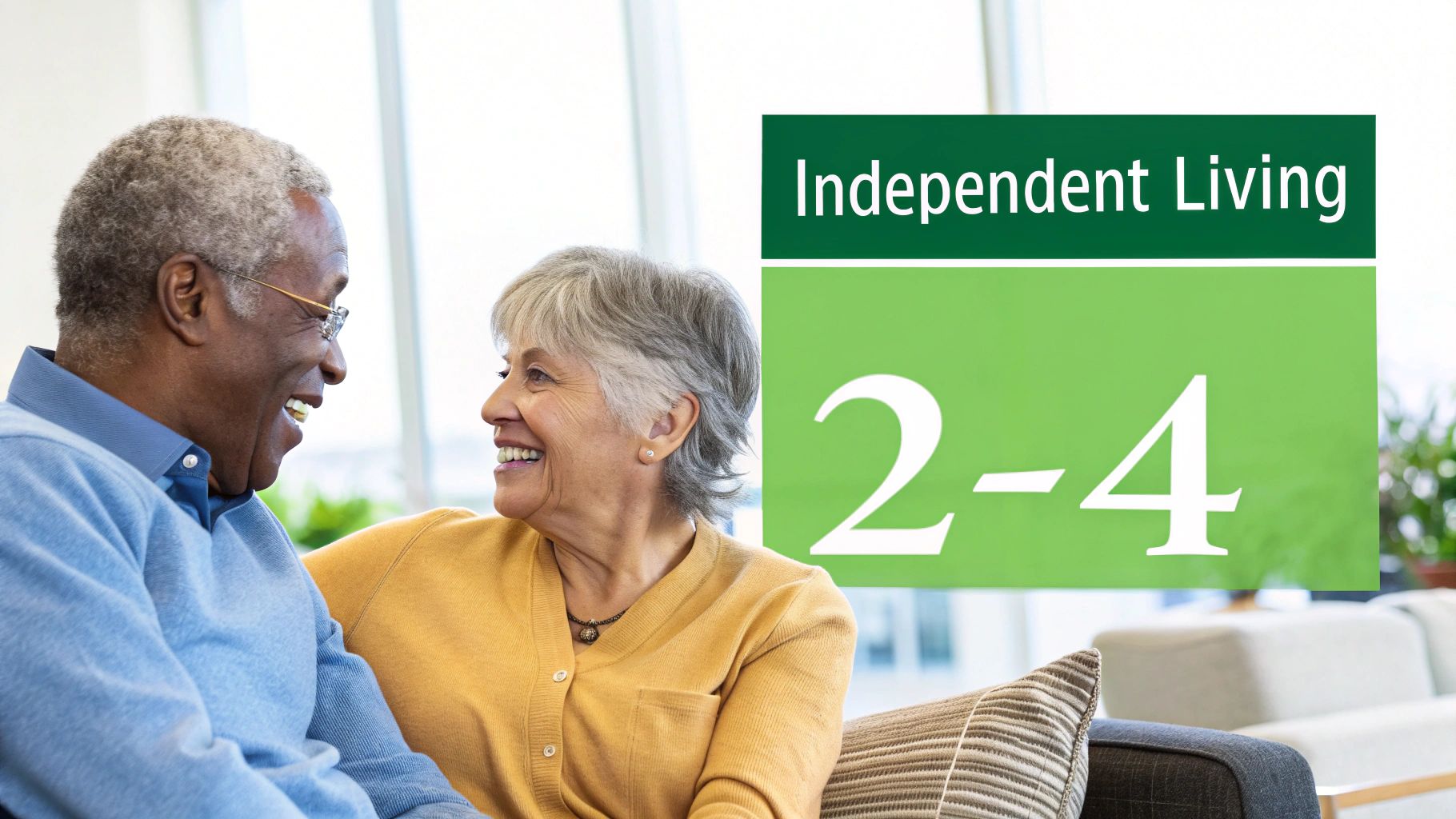 Two happy seniors, an older Black man and white woman, smiling with Independent Living sign