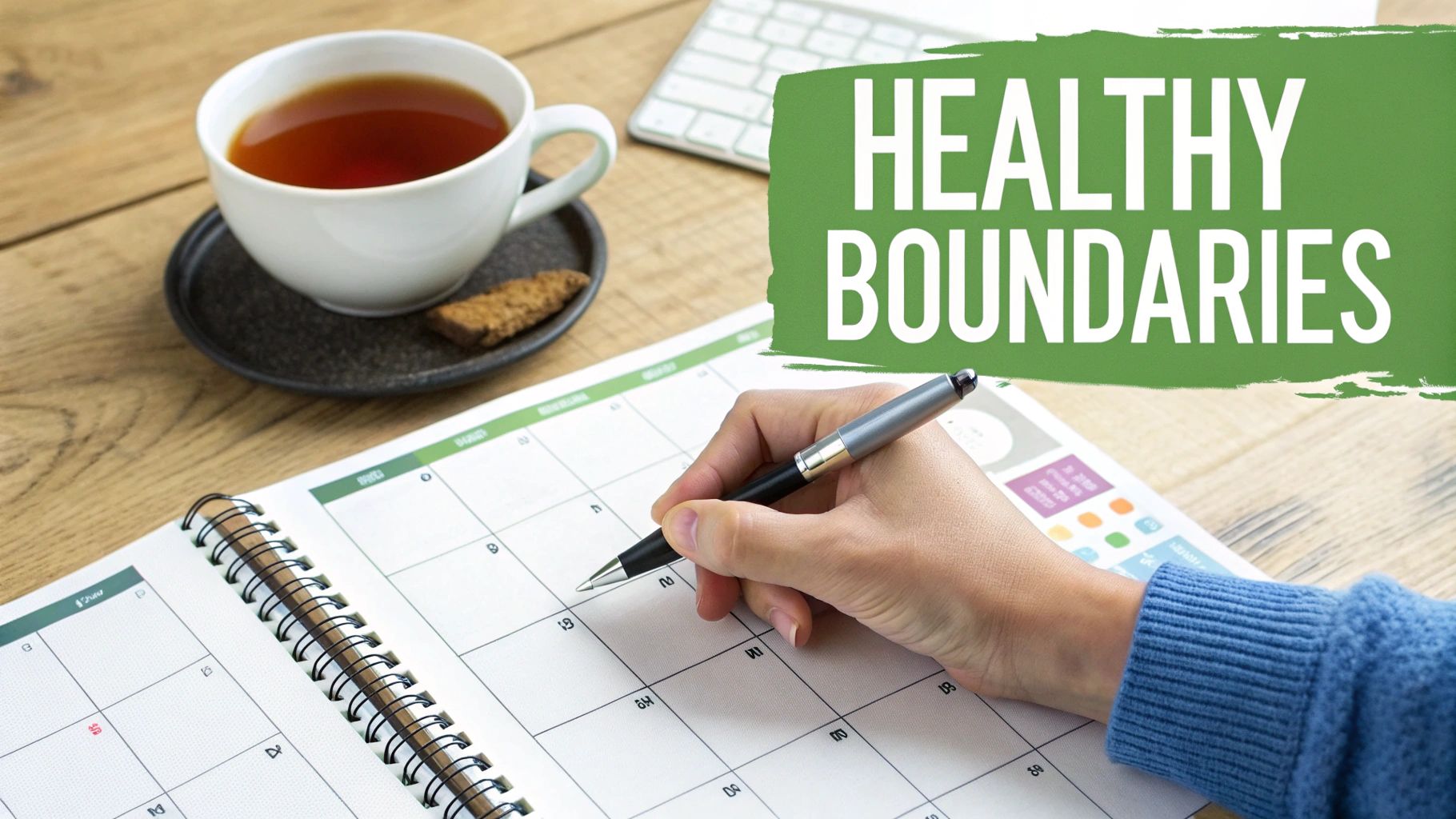 A person writes in a planner next to a cup of tea, with a green banner reading 'HEALTHY BOUNDARIES'.
