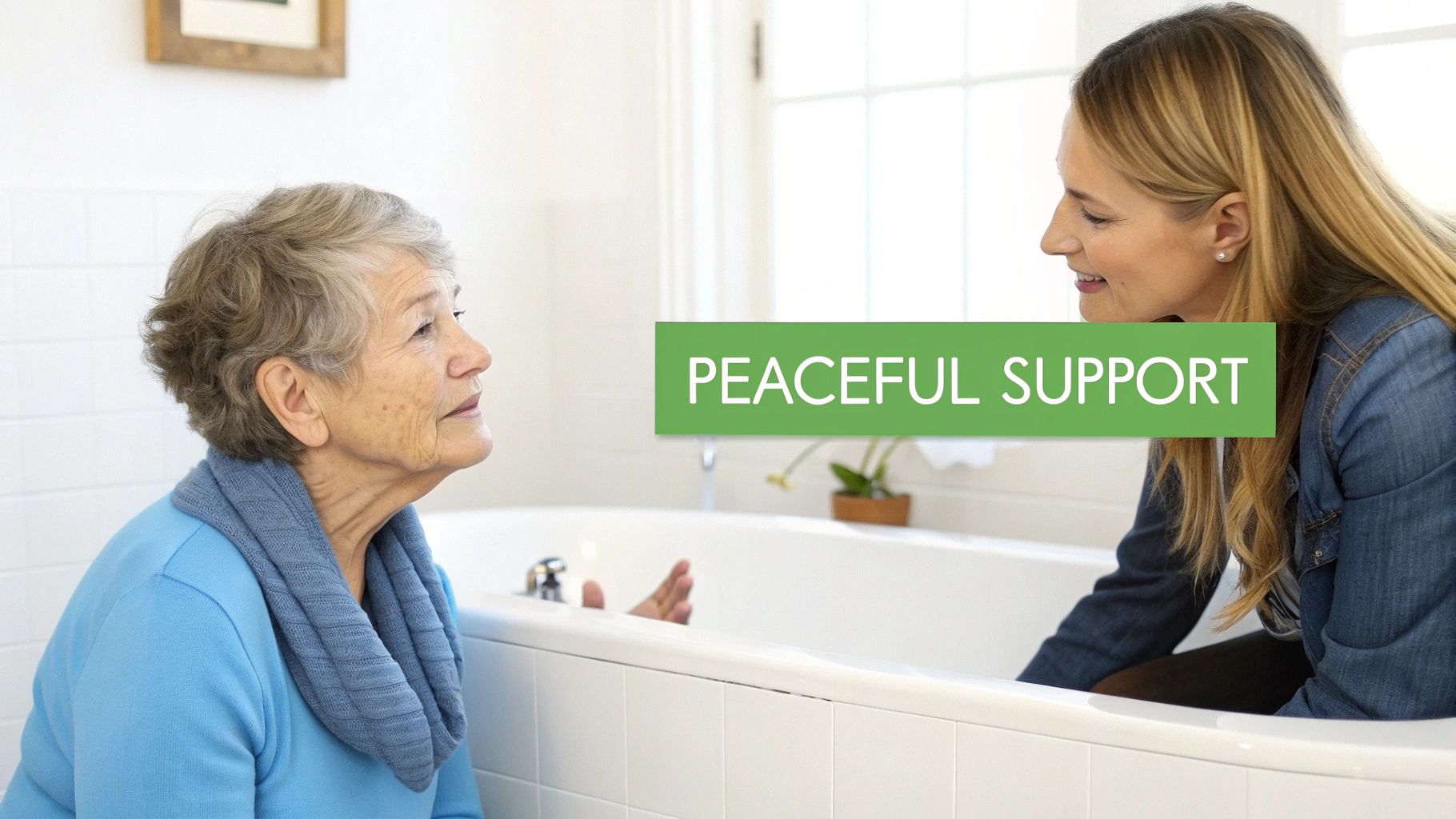 An elderly woman looks at a smiling young woman kneeling beside a bathtub, offering peaceful support.